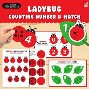 Peut inclure: Imprimable éducatif sur le thème des coccinelles et des chiffres, avec le texte « LADYBUG COUNTING NUMBER & MATCH ». Comprend des activités d'association de nombres et de points. Le design utilise des couleurs rouge, noir et vert, avec des illustrations de coccinelles.