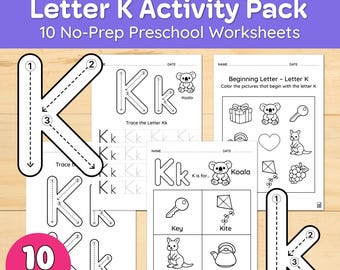 Letter K Activity Pack | 10 No-Prep Preschool Worksheets | Tracing, Matching & Fine Motor Activities PDF
