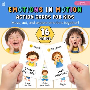May include: Action cards for kids with the text "EMOTIONS IN MOTION" and "ACTION CARDS FOR KIDS". The cards feature illustrations of children and emotions like "Happy" and "Surprised". The set includes 16 cards.