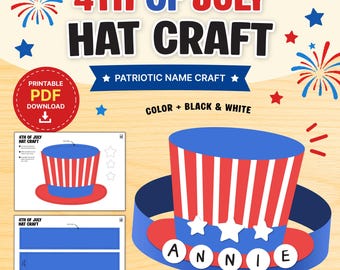 4th of July Hat Craft Printable | Patriotic Name Craft Kids PDF | Color BW