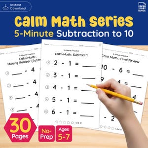 Könnte beinhalten: Druckbare Mathe-Arbeitsblätter mit dem Titel "Calm Math Series: 5-Minute Subtraction to 10". Die Arbeitsblätter enthalten Subtraktionsaufgaben für Kinder im Alter von 5-7 Jahren, mit 30 Seiten und ohne Vorbereitung. Eine Hand hält einen Bleistift und zeigt auf die Aufgaben.