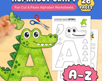 Alphabet Letter Craft A to Z Animal Cut and Paste Learning Printable PDF Worksheet