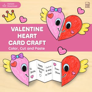 Peut inclure: Un bricolage de carte de cœur de Saint-Valentin avec un motif de cœur rose et rouge. La carte présente le texte "Valentine Heart Card Craft" et des instructions pour colorier, couper et coller. La carte comprend le texte "To: Bestie, Happy Valentine's Day! Thank you for being my friend. From: Olivia."