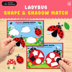 Puede incluir: Un juego educativo con temática de mariquita con el texto "LADYBUG SHAPE & SHADOW MATCH". El juego incluye actividades de emparejamiento con formas y sombras de mariquitas, y emparejamiento de formas. El juego presenta ilustraciones de mariquitas rojas, negras y blancas y una seta.