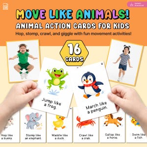 Printable animal action cards for kids featuring bunny elephant duck crab lion monkey penguin frog and other animals with fun movement prompts for preschool gross motor activities.