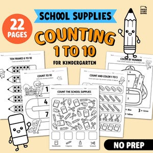Op de afbeelding: Een digitale set educatieve werkbladen getiteld School Supplies Counting 1 to 10 for Kindergarten, met 22 pagina's aan printbare zwart-witactiviteiten, waaronder tienframes, tel- en kleur-oefeningen en taken voor het overtrekken van cijfers.