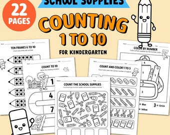 School Supplies Counting Worksheets | Kindergarten Math Activities (22 Pages)