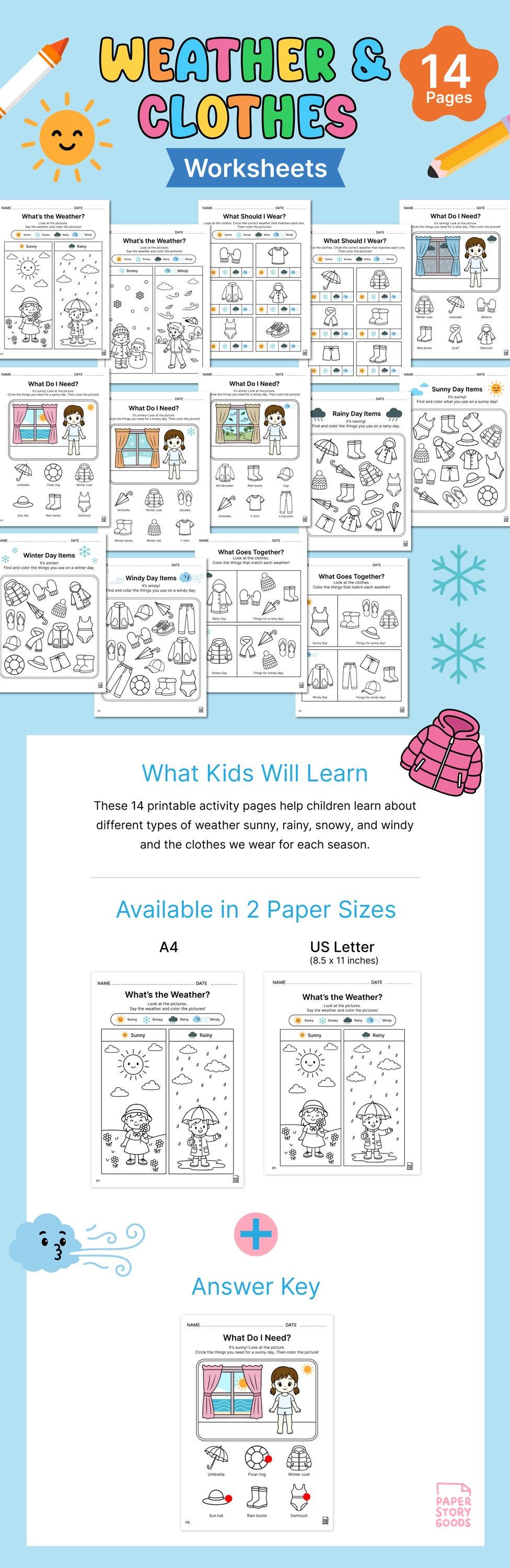 Weather Clothes Worksheets for Kids | Seasons & Matching (PDF) - Etsy