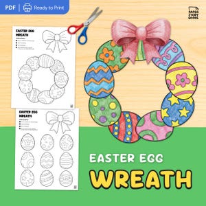May include: A colorful Easter egg wreath with a large pink bow, surrounded by decorated eggs in various patterns and colors. Includes a printable coloring page with a bow and egg designs, and a pair of scissors.
