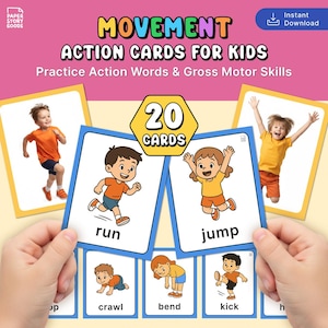 Movement action cards for kids showing run and jump flashcards with colorful illustrations."