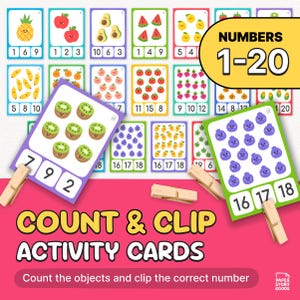 May include: Educational counting activity cards with illustrations of fruits and numbers 1-20. The cards feature colorful images and wooden pegs for clipping the correct number. The text on the cards says "Count & Clip Activity Cards".