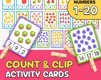 Count & Clip Activity Cards Numbers 1–20 Cartoon Fruits Vegetable Printable Math Game PDF