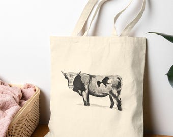 Cow Art Graphic Tote Bag, Raw Canvas Book Bag, Reusable Everyday Carryall