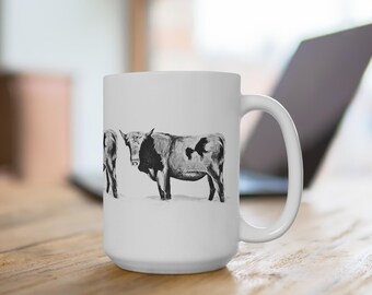 Black and White Cow Illustration Mug | Farm Animal Kitchen Ceramic 15oz