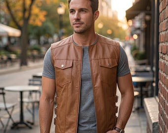 Leren motorvest voor heren, bruin vintage biker utility vest, retro leren bikerkleding, mouwloze motorrijkleding