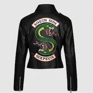 May include: Black leather jacket featuring the South Side Serpents logo on the back. The logo includes a green snake with yellow accents, red tongues, and the words "SOUTH SIDE" and "SERPENTS" in white.