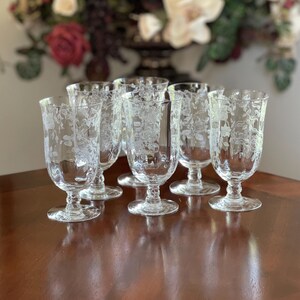 May include: A set of six clear glass goblets featuring a delicate white etched floral pattern. Each glass has a rounded bowl, a short stem with a decorative knob, and a circular base. The glasses are arranged in a cluster on a smooth surface.