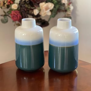 May include: Two identical ceramic vases featuring a cylindrical shape with a narrow neck. The design displays a color gradient transitioning from a solid dark green base to a light blue middle section, ending in a white top rim.