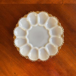 Vintage Anchor Hocking Fire King Milk Glass Deviled Egg Plate with 22K Gold Trim