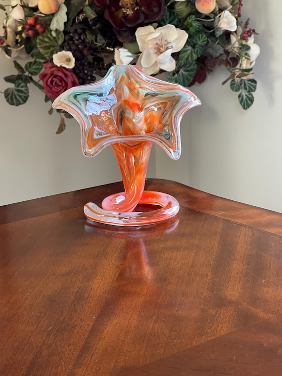 Vintage Hand Blown Art Glass Jack in the Pulpit Vase with Coil Base, Mid-Century Modern