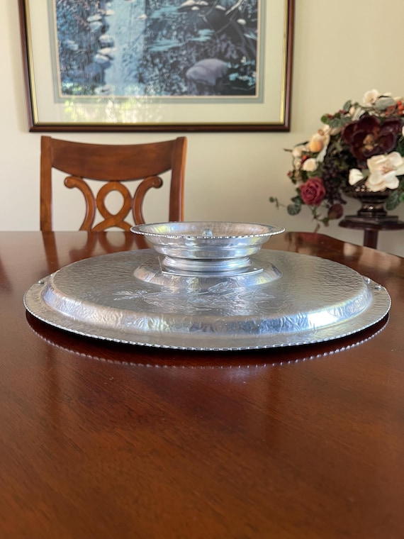 Vintage Rodney Kent Hand-wrought Hammered Aluminum Lazy Susan Tray