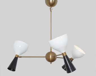 Mid Century Modern Sputnik Chandelier – Brass 3-Light, Black & White Cone Shades