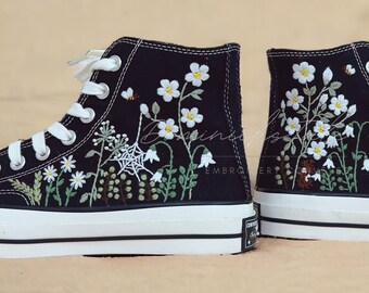 Embroidered Sneakers Flowers Garden Custom Hand Embroidery Full Sweet Flower Shoes Chuck Taylor 1970s Best Gift For Her