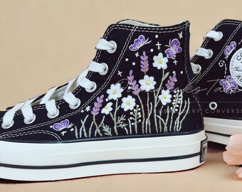 Custom Embroidered Lavender And Daisy Chuck Taylor All Star 1970s Embroidered Butterfly Shoes Birthday Gifts For Her