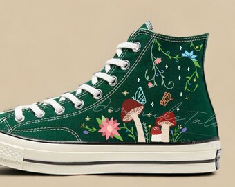 Custom Hand Embroidered Fairy Mushroom Canvas Shoes Embroidery The Angel Converse Chuck Taylor All Star Personalized Gifts For Her