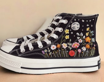 Custom Personalized Converse Chuck Taylor Christmas Sweet Flowers With Moon Embroidery Canvas Shoes Embroidered Flowers Shoes Gift For Her