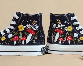 Custom Hand Embroidered Fairy Mushroom Canvas Shoes Embroidery Bee Chuck Taylor All Star Personalized Gifts For Her