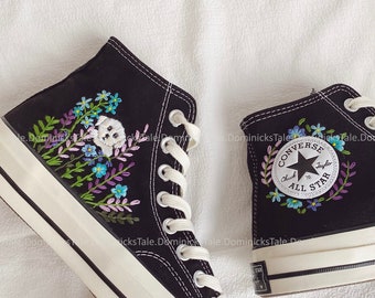 Custom Hand Embroidered White Dog and Flowers Converse Embroidery Flowers Converse Chuck Taylor All Star 1970s Personalized Gifts For Her