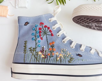 Christmas Personalized Converse Flower Bee Embroidery, Custom Hand Embroidery Flower Garden Wedding Converse Embroidered Flowers Shoes