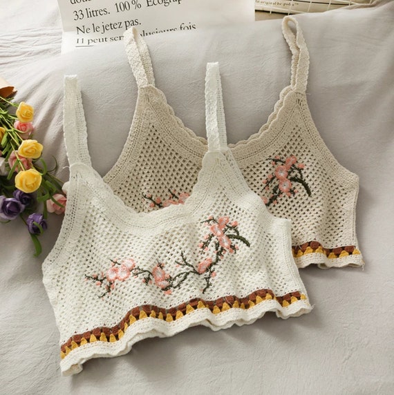 Embroidery Knitted Crop Tops Woman Colorblock Spaghetti Strap - Etsy