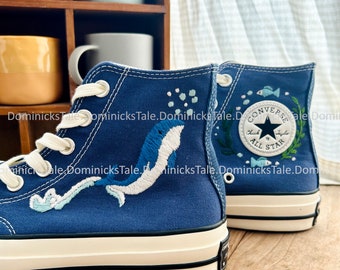 Custom Hand Shark and Ocean Embroidered Converse High Top Christmas Gifts Custom Happy Halloween Shark Canvas Shoes Christmas Gifts for Her