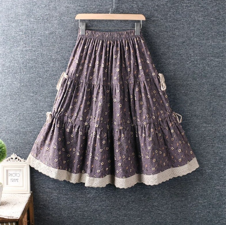 Mori Girl Floral Print Cotton Linen Skirt Loose High Waist | Etsy