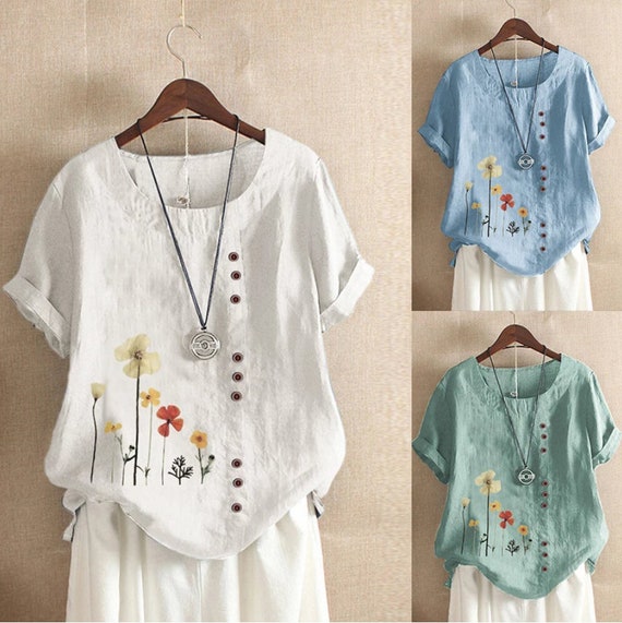 Floral Blouse/women Summer Print Loose T-shirt Vintage Round - Etsy