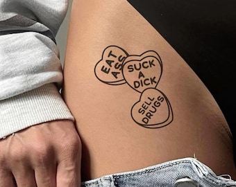 Tatuaje temporal de corazón de caramelo sarcástico, estilo San Valentín divertido y grosero