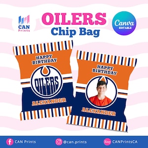 May include: Two custom chip bags in orange, blue, and white. The bags display the text "OILERS Chip Bag" and "Happy Birthday", a circular logo, and the name "Alexander". One bag includes a photograph.