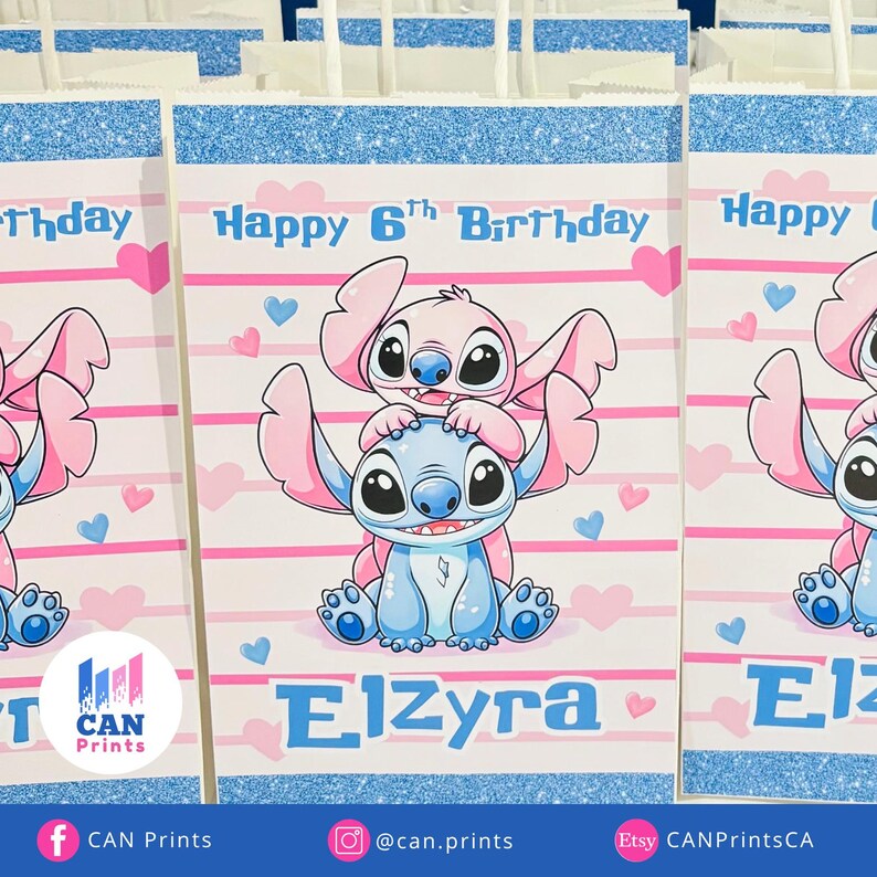 May include: Gift bags with a blue glitter top and a cartoon image of Stitch and Angel. The bags have pink and blue hearts and stripes. The text "Happy 6th Birthday" and the name "Elzyra" are printed on the bags.