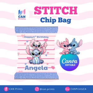 Stitch Theme Chip Bag Printable | Editable Party Favour | Instant Download image 1