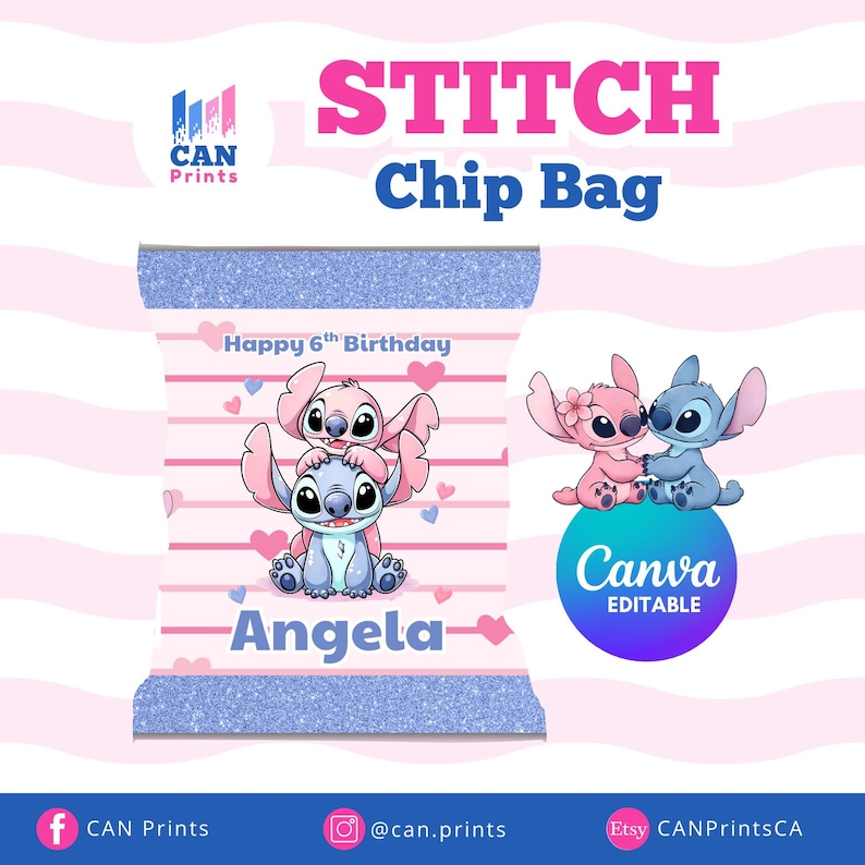Stitch Theme Chip Bag Printable | Editable Party Favour | Instant Download image 1