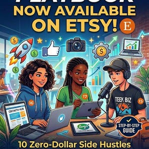 May include: An Etsy advert for a digital marketing playbook. The image shows three people using laptops and tablets. Text includes "COMPLETE PLAYBOOK NOW AVAILABLE ON ETSY!" and "10 Zero-Dollar Side Hustles - Get Your Digital Copy Today!"