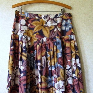tropical print floral skirt, vintage clothing 90s navy blue brown gold, women small medium image 3