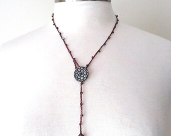 Y Necklace With Antique Button, Crochet and Picasso Beads, Handmade Jewelry