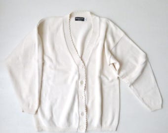 oversized cardigan sweater cotton with V-neck, neutral cream beige & minimalist style, vintage 80s women medium, Stoney Creek