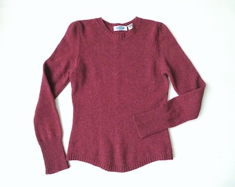 crewneck sweater, russet red wool pullover with slightly puff sleeves, minimalist style, women extra small