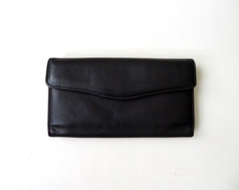 clutch wallet with coin purse, black leather long wallet, vintage 70s, Buxton