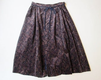 velvet skirt, paisley print skirt, high waisted gathered midi skirt, navy blue and brown, vintage 70s clothing, women small