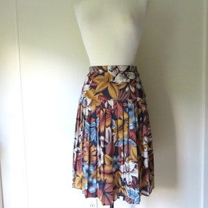 tropical print floral skirt, vintage clothing 90s navy blue brown gold, women small medium image 2